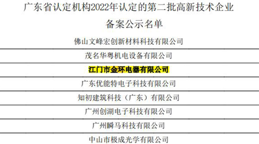好消息！金環(huán)電器再次通過國家級“高新技術企業(yè)”認定